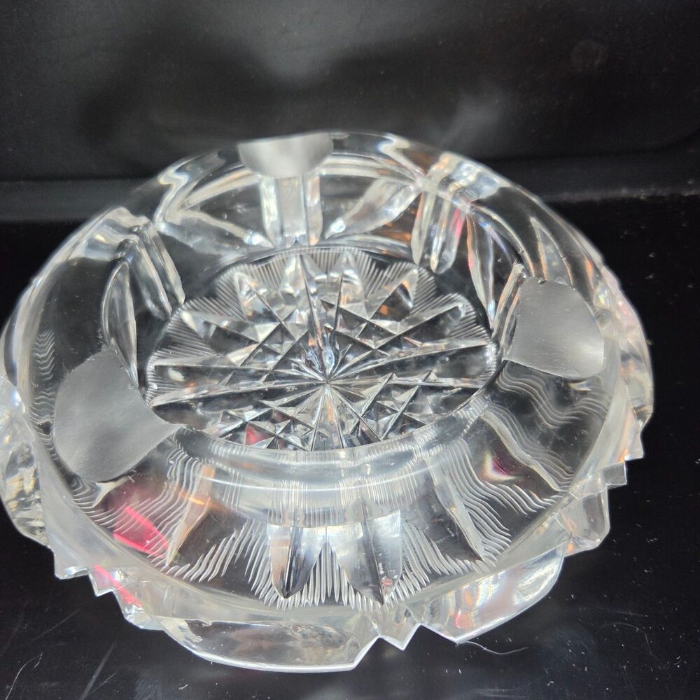 Vtg European Lead Crystal Ashtray Brilliant Conical-Cut Sunburst 3 Satin Rests